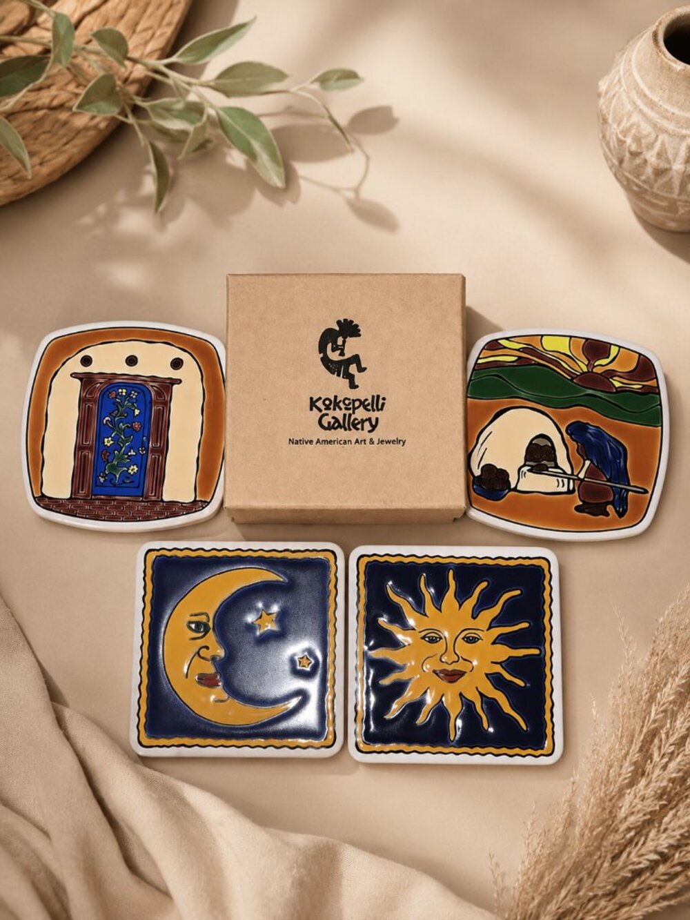 Kokopelli Gallery Sun & Moon Southwestern Ceramic Tile Folk Art Collection